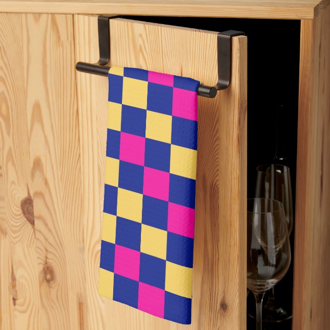 Paño De Cocina Blue Yellow Pink Checkered Pattern Design  (Pliegue de tercios)