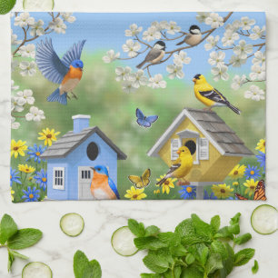Paño De Cocina Bluebirds Goldfinches Birdhouses Flower Garden
