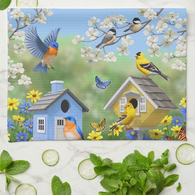 Paño De Cocina Bluebirds Goldfinches Birdhouses Flower Garden (Doblado)