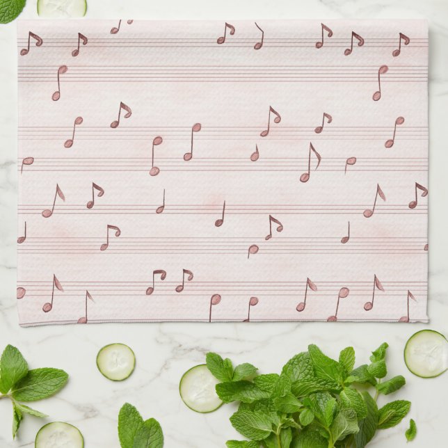 Paño De Cocina Blush Pink Brown Music Notes   (Doblado)