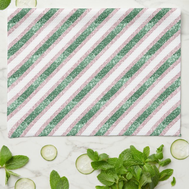 Paño De Cocina Blush Pink Green Glitter Stripes Christmas   (Doblado)