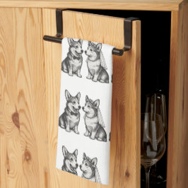 Paño De Cocina Boda de Corgi Whimsical en Blanco y Negro