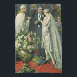 Paño De Cocina Boda de cosecha, novia y novio con Menorah<br><div class="desc">Imagen de la ceremonia del amor al ilustracion vintage y boda romántico que presenta a una pareja casada en una hermosa sinagoga con vidrieras,  flores y una menorah de siete ramas. La novia lleva un vestido largo y blanco boda y el novio es guapo en su esmoquin.</div>