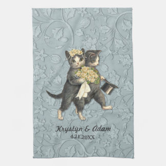 Paño De Cocina Boda de gatos posados azul