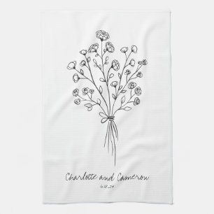 Paño De Cocina Boda personalizado de dibujo de líneas de flores 