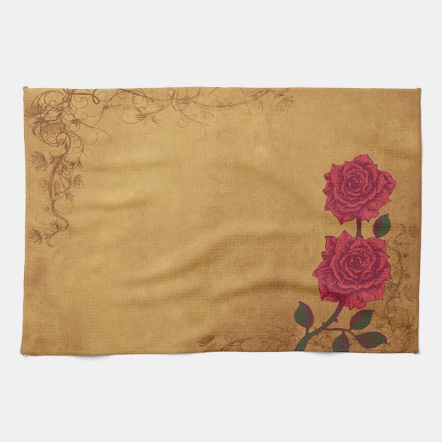 Paño De Cocina Boda Rosa Roja Vintage (Horizontal)