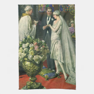 Paño De Cocina Boda Vintage, Novia y Novio con Menorá