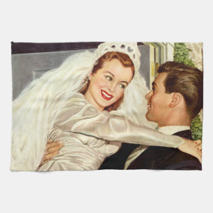 Paño De Cocina Boda Vintage, recién casados, novia feliz y novio