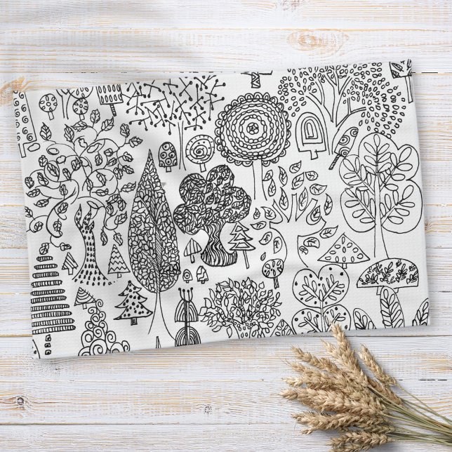 Paño De Cocina Boho Árboles caprichosos Patrón blanco y negro (Boho Whimsical Trees Black and White Pattern Kitchen Towel)