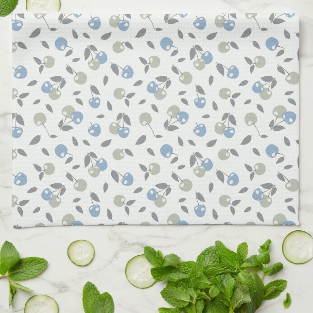 Paño De Cocina Boho Beach Cherries - sage blue fruit pattern. (Doblado)