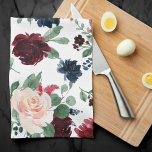 Paño De Cocina Boho Bloom | Patrón rojo y azul marino de Borgoña<br><div class="desc">Sofisticada moda boho pintada a mano acuarela floral con magníficas flores de marsala de color burdeos rojas y rosa rubí radiante con flores de acento azul marino adornadas con laurel botánico y chispa diamante rojo oscuro. Este establecimiento, de la colección Boho Bloom, presenta ricas flores silvestres bohemias con vegetación eucaliptus....</div>