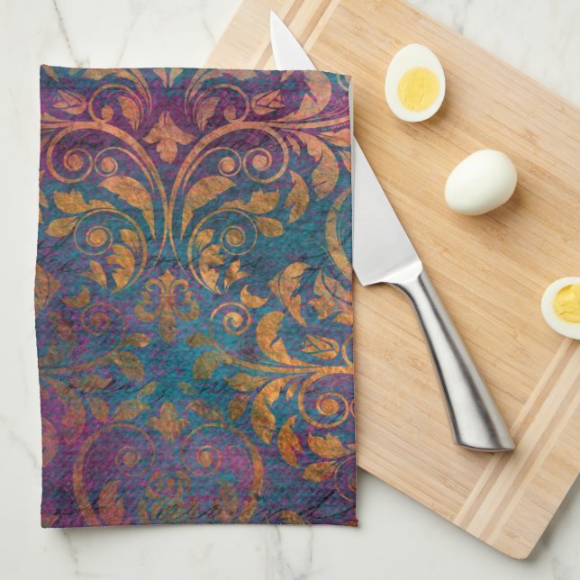 Paño De Cocina Boho damask elegante oro azul morado (Doblado Cuarto)