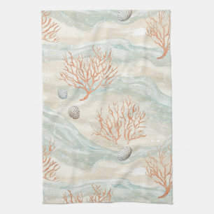Paño De Cocina Boho Luxe Patrón Costero de Coral Acuarela (3)