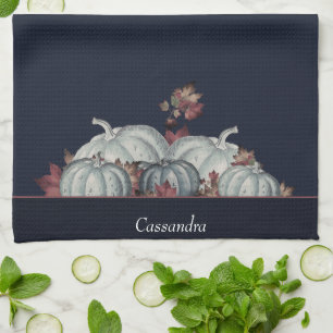 Paño De Cocina Boho Otoño Azul Blanco Acuarela Calabaza Otoño