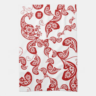 Paño De Cocina Boho Pacock Floral Rojo Elegante Moda Este Asiátic