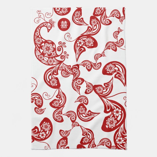 Paño De Cocina Boho Pacock Floral Rojo Elegante Moda Este Asiátic (Vertical)