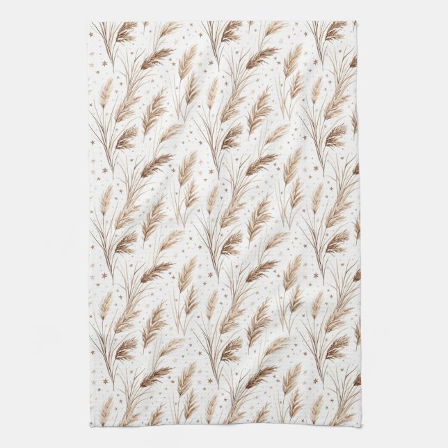 Paño De Cocina Boho Pampas Grass Beige Marrón Patrón de Estrellas (Vertical)
