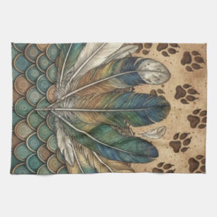 Paño De Cocina Boho Plumas y Huellas de Pata Terroso Espiritual A