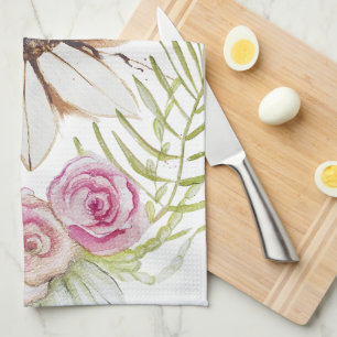 Paño De Cocina Boho Rosa Verde Marrón Blanco Floral Moderno