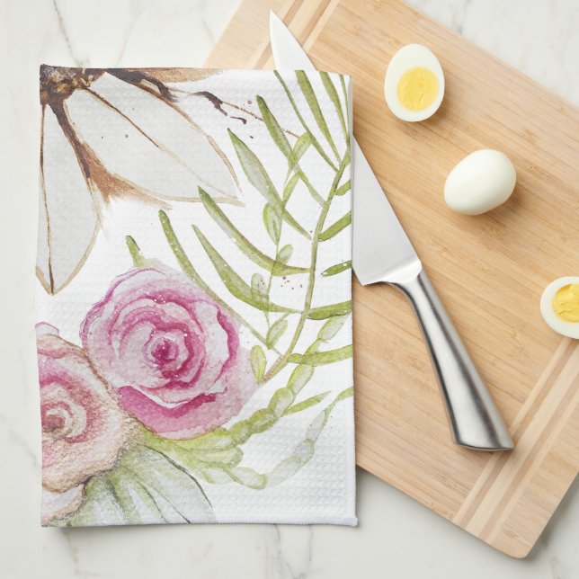 Paño De Cocina Boho Rosa Verde Marrón Blanco Floral Moderno (Doblado Cuarto)