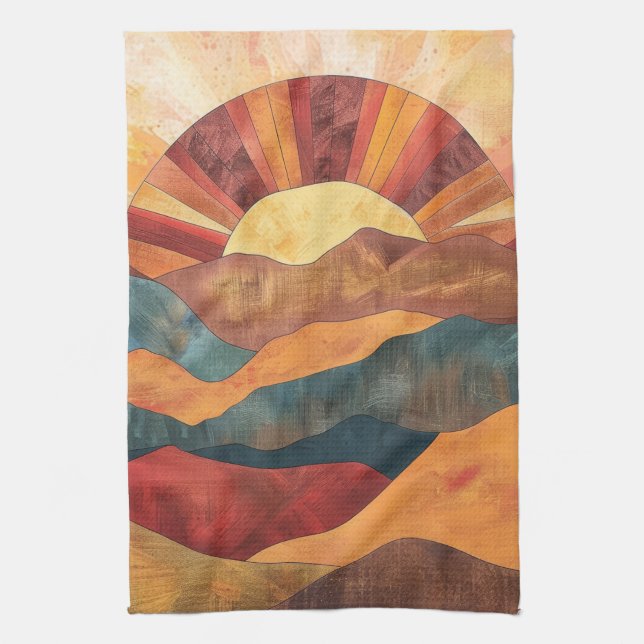 Paño De Cocina Boho Sunset Over Mountains - Paisaje Retro Earthy (Vertical)
