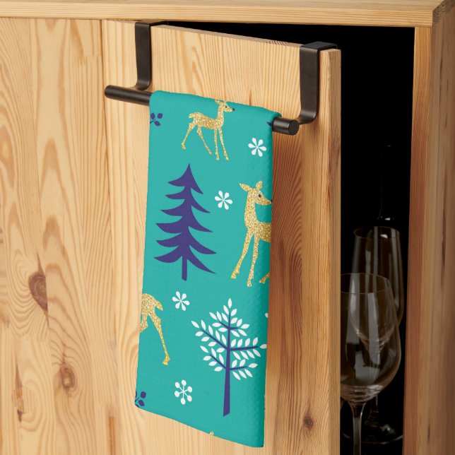 Paño De Cocina Boho Trees Gold Deers Modern (Pliegue de tercios)