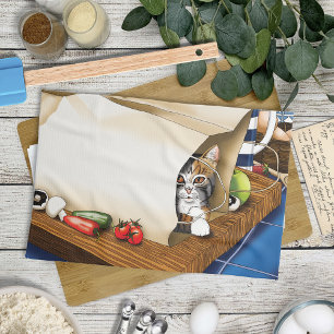 Paño De Cocina Bolsa de Comestibles de Gato Atigrado Curioso Azul