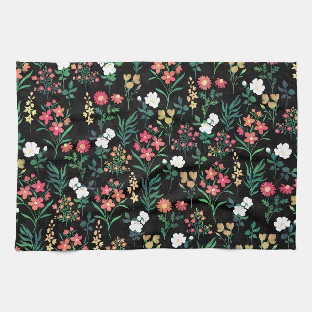 Paño De Cocina Bonito acuarela Floral Negro Botánico (Horizontal)