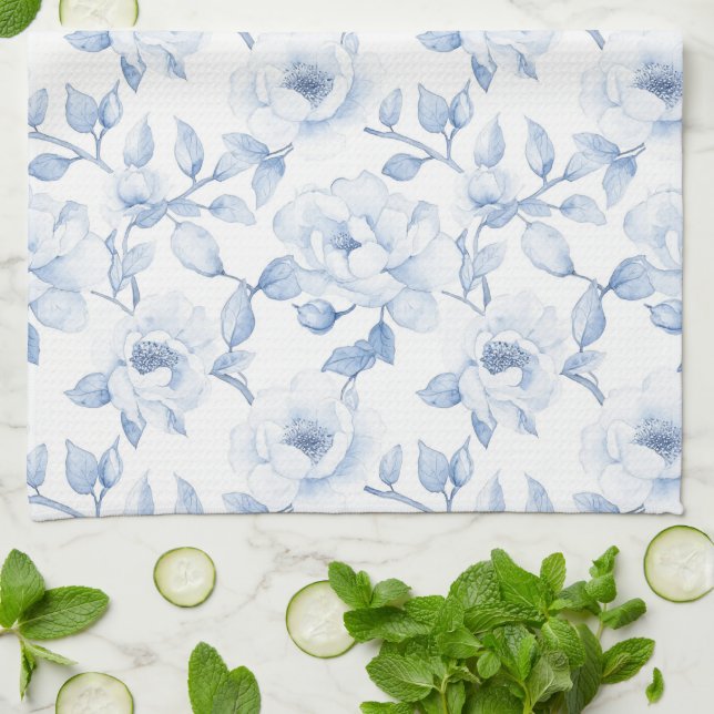 Paño De Cocina Bonito de moda Flores blancas azules (Doblado)