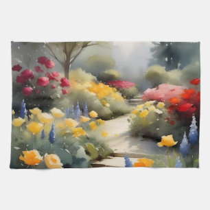 Paño De Cocina Bonito Jardín con flores azules rojas amarillas