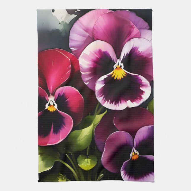 Paño De Cocina Bonito maroon daek pansies rojos pintura acuarela (Vertical)