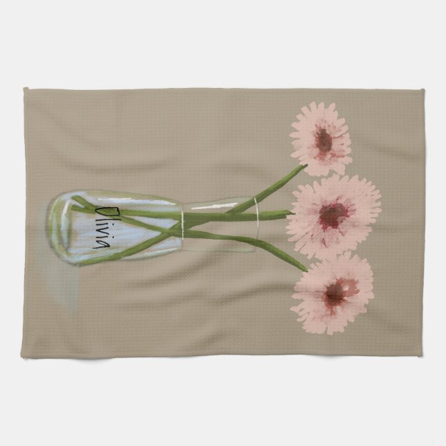 Paño De Cocina Bonito Pastel Gerbera Flor +Nombre personalizado (Horizontal)