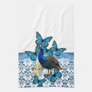 Paño De Cocina Bonito Peacock y mariposas azules