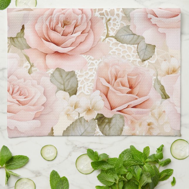 Paño De Cocina Bonito Rubor Roses Rosados Floral Brillante (Doblado)