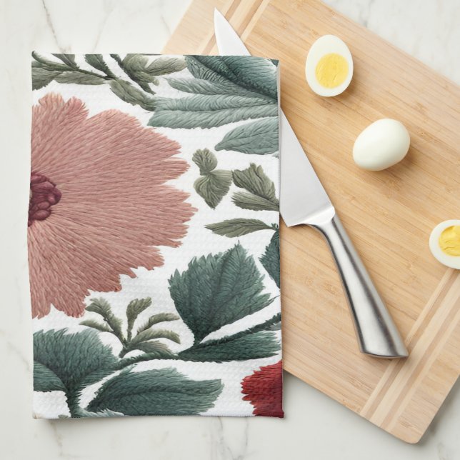 Paño De Cocina Bordada. Flores. Cierre de flores (Doblado Cuarto)