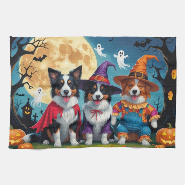 Paño De Cocina Borde Collies Perros Calabaza Halloween Funny (Horizontal)