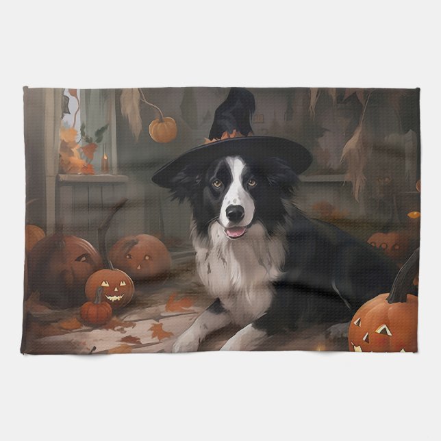 Paño De Cocina Borde de Collie Pumpkins Halloween Scary (Horizontal)