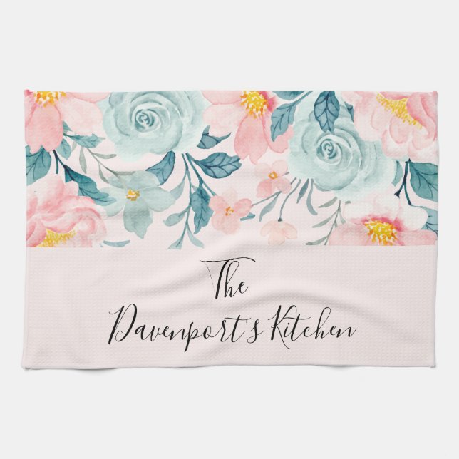 Paño De Cocina Borde floral rosa y verde (Horizontal)