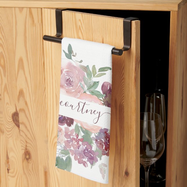 Paño De Cocina Borgoña y acuarela rosa floral personalizada (Pliegue de tercios)