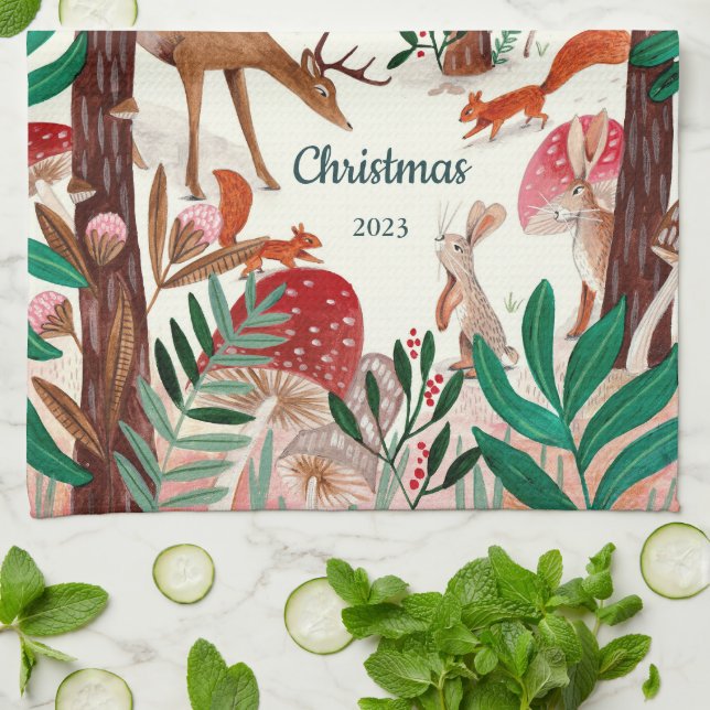 Paño De Cocina Bosque de Navidades de animales de la huerta de Cu (Doblado)