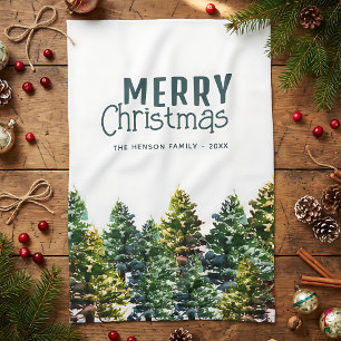 Paño De Cocina Bosque de pinos con Navidades de acuarela de nieve