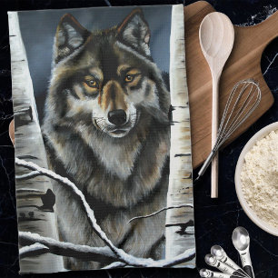 Paño De Cocina Bosque Místico de Abedules Lobo Alfa Invernal Vida