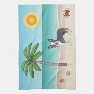Paño De Cocina Boston Terrier Azul en una Playa Tropical de Veran