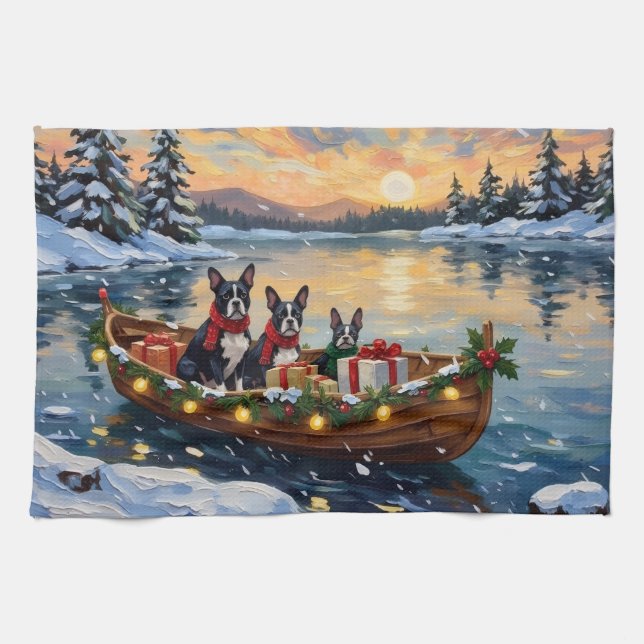 Paño De Cocina Boston Terrier Christmas Boat Holiday (Horizontal)
