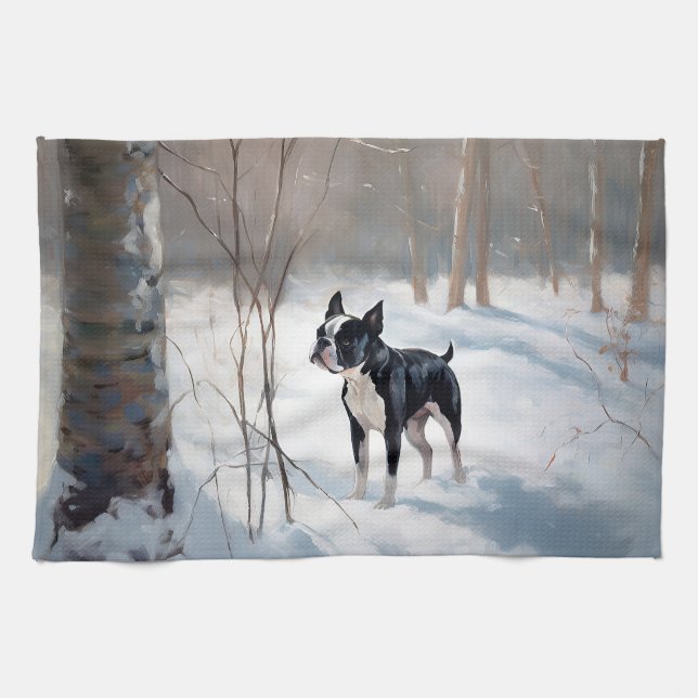Paño De Cocina Boston Terrier Deja que nieve Navidad (Horizontal)