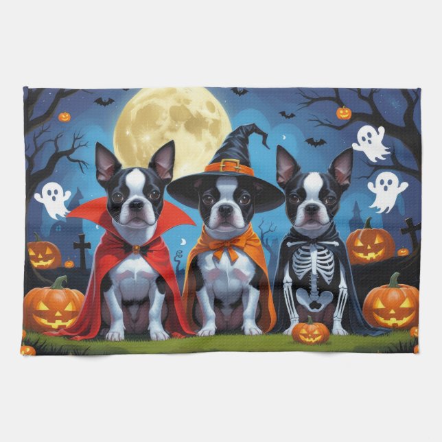 Paño De Cocina Boston Terrier Dogs Calabaza Halloween Funny (Horizontal)