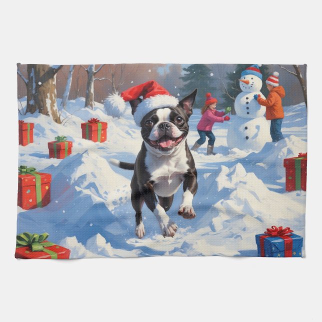 Paño De Cocina Boston Terrier Escena Invernal Navideña (Horizontal)
