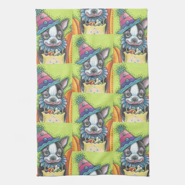 PAÑO DE COCINA BOSTON TERRIER HALLOWEEN COLOWN, DOG KITCHEN TOWEL (Vertical)