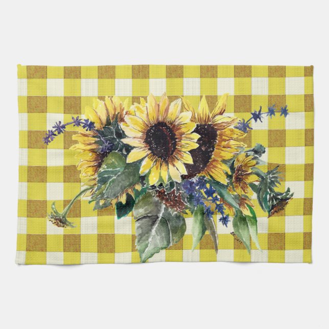 Paño De Cocina Bouquet de girasol en Yellow Gingham (Horizontal)