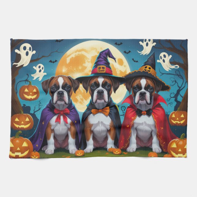 Paño De Cocina Boxer Dogs Calabaza Halloween Gracioso (Horizontal)